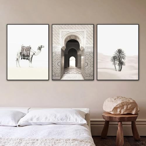 Peinture sur toile désert Sahara triptyque decoration murale palmiers marocains 80x110
