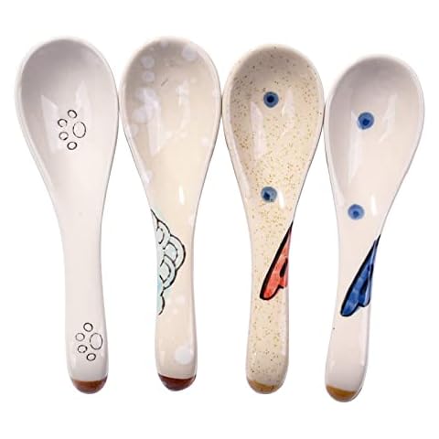 Ceramic Soup Spoons Set of 4 Japanese Spoons for Ramen Pho Dessert Ice Cream Wonton Beige Cover