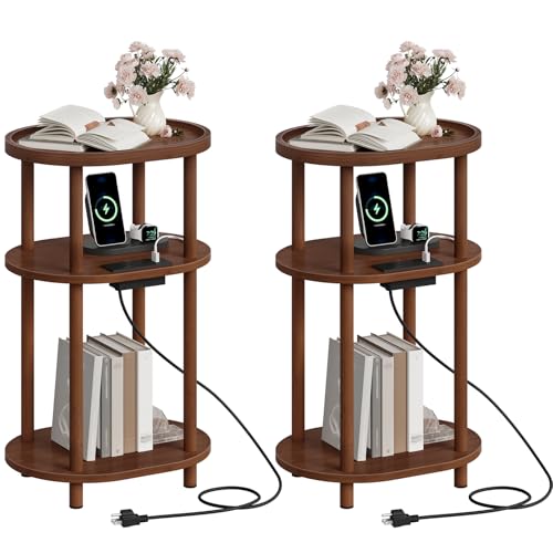 HOOBRO Small Side Table with Charging Station, 3-Tier Oval Bamboo End Table, Accent Table, Compact Sofa Bedside Table for Small Space, for Living Room, Bedroom, Apartment, Mocha MA177UBZP201