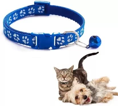 Image of Footprint Cat Collar with Bell Basic Dog Cat Collar I Buckle Adjustable Polyester Cat Dog Collar I with Bell 10 MM (Blue Color)