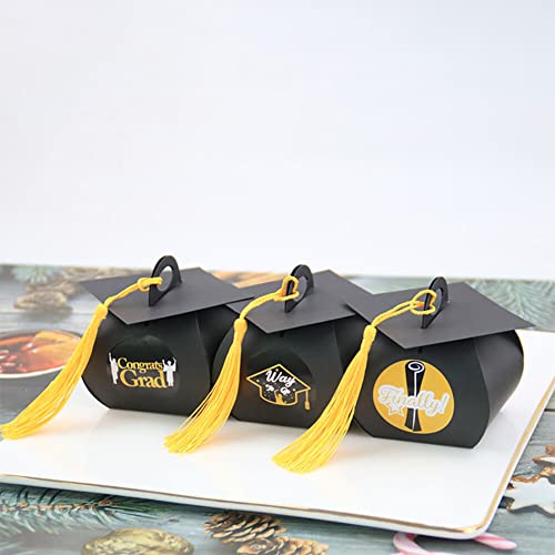 Candy Boxes and Sticker 24PCS Graduation Cap Gift Paper Boxes Graduation Hat Favor Box with Tassel Treat Boxes Ceremony Party High School University Gift Packaging (Black)