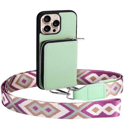 XANGNIER Wallet Case for iPhone 16 Pro Max RFID Blocking PU Leather Crossbody Phone Purse with Card Holder Zipper Pocket Wrist Strap & Adjustable Lanyard for Women 6.9 5G Green