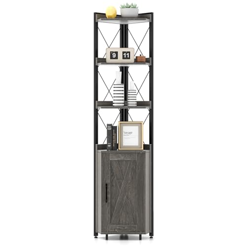 Giantex Scaffale angolare a 6 livelli con armadietto, ripiano ad angolo alto da 180 cm con ripiano regolabile in 5 posizioni e porta, per riporre autonomamente il soggiorno, la cucina (grigio)
