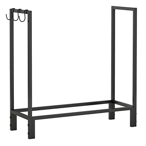 Timechee Firewood Log Rack,30 Inch Metal Firewood Fireplace Holder Wood Storage Stand with Hooks for Fireplace Tools and Accessories Indoor Outdoor