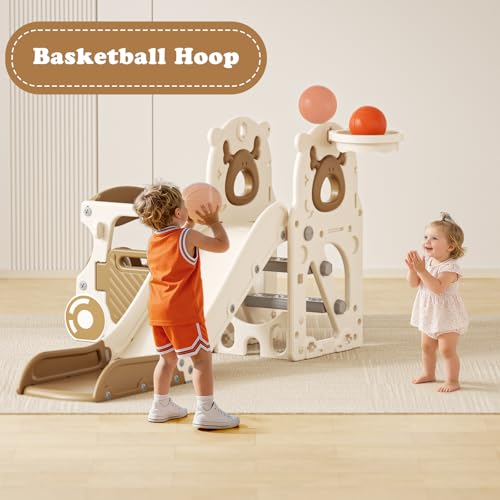 Image of XJD 10 in 1 Toddler Slide, Kids Slide for Toddlers 1-3, Toddler Play Climber Slide Playset with Basketball Hoop and Ball,Toddlers Outdoor Indoor Playground (Brown, Small)
