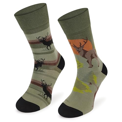 SKIETY - Calcetines para Cazadores - Calcetines de Algodón para Hombre - Regalo Divertido para Cazadores, Regalo de Cumpleaños para Él - Calcetines Coloridos - Talla 39-42 - con motivo de ciervo