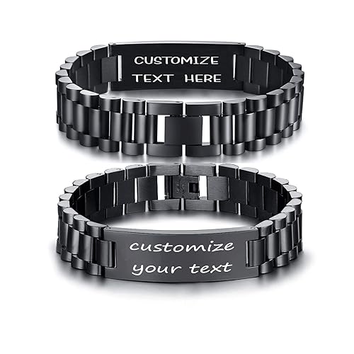 Custom Mens Bracelet Personalized Watch Band Engraved Name Bracelets for Men Customized ID Cuff Wristband Gift for Dad Husband