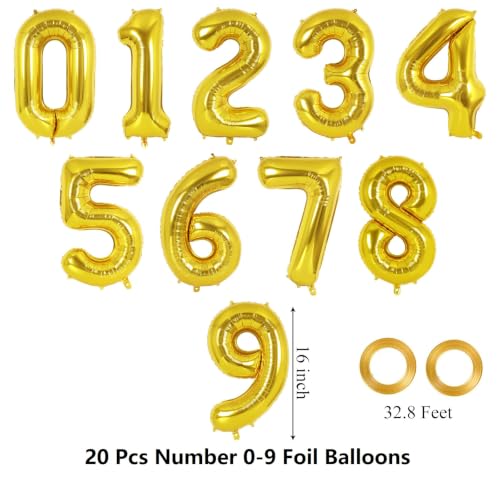 Image of 20 Pcs 16 Inch Gold Number 0-9 balloons, Number Foil Balloons, Small Mylar Numbers Balloon Custom Digital Balloons for Birthday Aniversary Baby Shower Party Decorations Supplies (Gold 2 Set)