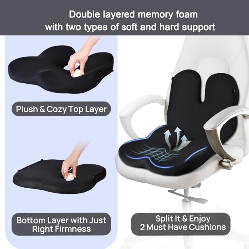 Image of Office Chair Cushion & Car Seat Cushion - Memory Foam Dual-Layer Ergonomic Seat Cushion for Tailbone Pain Relief, Coccyx Support, Soft Yet Firm Comfort for All-Day Sitting