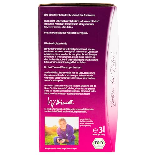 Aronia ORIGINAL Bio Aroniasaft aus deutschem Anbau | 3 Liter Bio Direktsaft aus 100% Aroniabeeren | Vegan, ohne Konservierungsstoffe, ohne Zuckerzusatz (lt. Gesetz)