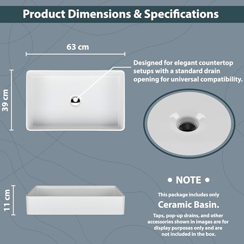Image of WASSMIST Premium Wash Basin | Designer Ceramic Washbasin | Acid & Fade Resistant Table Top Bathroom Sink (24.61x15.35x4.33 Inch)