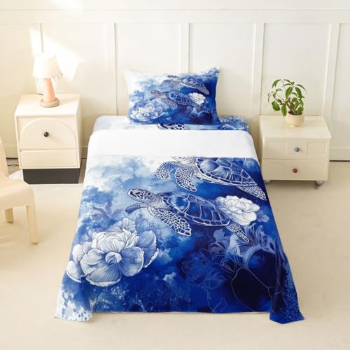Image of jejeloiu Sea Turtle Bed Sheets Set Full Size Blue Flowers Deep Pocket Fitted Sheet Ocean Bedding Sets Reptile Tortoise Soft Bed Set 4Pcs with 2 Pillow Cases