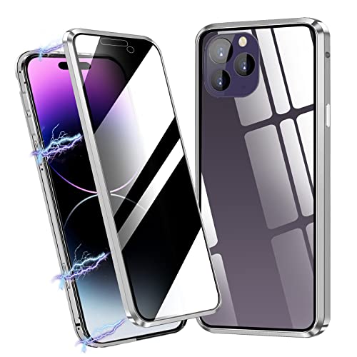 Anti Spy 360 Grad Hülle Kompatibel mit iPhone 14 Pro Max, Magnetisch Hülle mit Sichtschutz Folie Glas Clear Case Kompatibel mit iPhone 14 Pro Max Durchsichtig Handyhülle mit Magnet-Silber 6.7 Cover