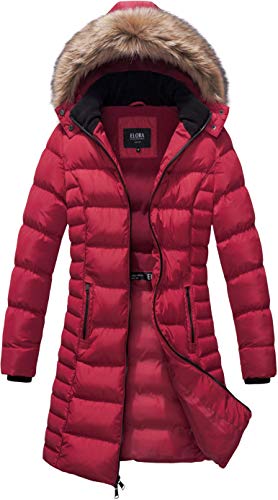 ELORA Women's Winter Parka Vegan-Down Puffer Mid- Length Coat Faux Fur Trim Removable Hood