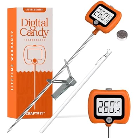 Digital Candy Thermometer with Pot Clip, Instant Read Kitchen Thermometer for Cooking, Baking, and Candy Making – 10" Stainless Steel Probe, LCD Display, Essential Baking Tool (Orange) Cover