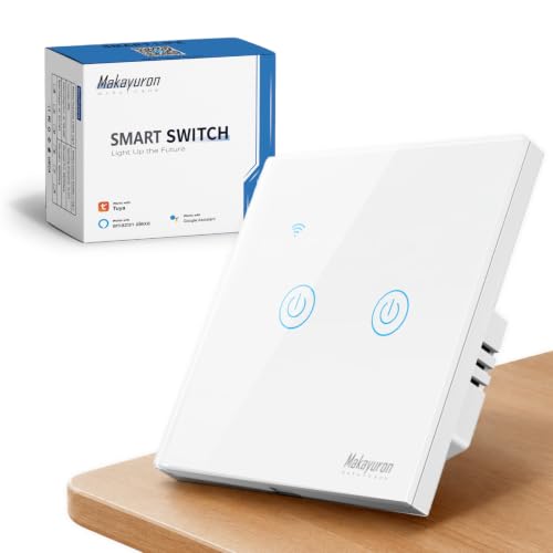 Makayuron WiFi Smart Wall Light Switch Touch Switches No Neutral Wire Required Compatible with Alexa and Google Home APP Remote Control Touch Switch Voice Control No Hub Required (White 2 Gang)