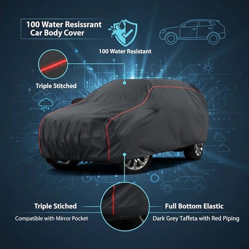 Image of Sulfar 100% Water Resistant Car Body Cover Compatible with Mirror for Mahindra XEV 9e (Triple Stitched, Full Bottom Elastic, Dark Grey Tafetta with Red Piping)