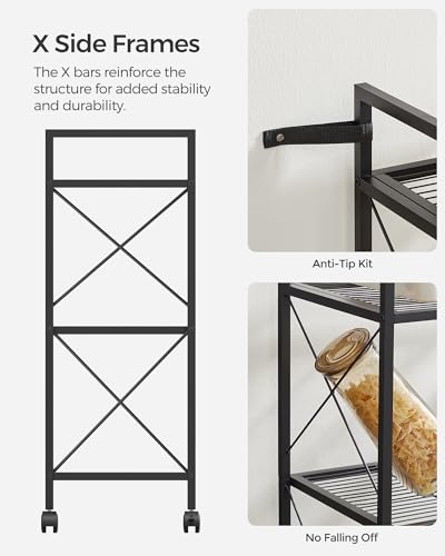 Image of SONGMICS 3-Tier Metal Storage Rack with Wheels, Mesh Shelving Unit with X Side Frames, 23.6-Inch Width, for Entryway, Kitchen, Living Room, Bathroom, Industrial Style, Black UBSC163B01