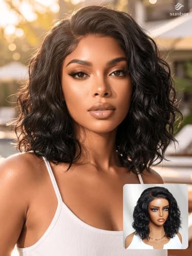 Image of Sunber Put On and Go Water Wave Bob Wig Human Hair No Slip Glueless Wig with Invisible Drawstring 220% Density Pre Cut HD Lace Front Wig Pre Plucked Bye Bye Knots Short Wet and Wavy Bob Wig 10inch