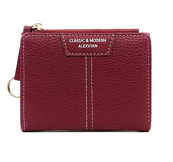 Red Small Classic Bi-Fold Women's Purse Wallet Card Organizer Female Hand Purse Clutch Women/Ladies/Girls Wallets 4 Card Holder 1 Long & 2 Small Pocket -1 Zipper Coin Pocket-image-20