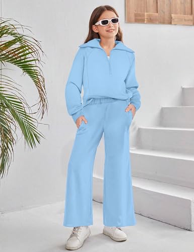 Image of BAVADER Girls Clothes 7-14Y Solid Color Half Zip Pullover Sweatshirt Fleece Lined Kids Sweatpants