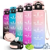 Motswedi Borraccia 1 Litro, con Cannuccia, Bottiglia Sportiva, Motivazionale, Borraccia Palestra, a Prova di Perdite, Bottiglia d'acqua, per Sport, Palestra, Ciclismo, Rosa & Azzurro cielo