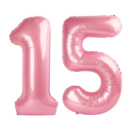 Image of Number Balloons Pearl Pink 15 Balloon 40 inch for 15 51 Birthday Decoration | Saturated Color, Large 40 in, With Straw & Hanging Hole, For Back-to-School Season, Wedding, Christmas, New Year, Anniversary