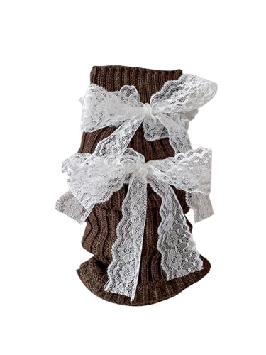 RoseSeek Womens Y2K Bowknot Ribbed Knit Leg Warmers Lace Lolita Pile Boot Socks Kawaii Accessories Brown One-Size