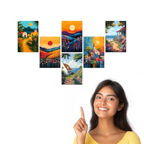 Image of SiddArtify Coastal Landscape Wall Art Prints Set - Colorful House Poster Decor for Living Room Bedroom Office - Set of 2-4x6 Inch - Board (Pack of 6) - Sticker (Pack of 6)