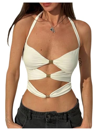 Milumia Women's Cut Out Halter Top Sleeveless Tie Backless Crop Tops