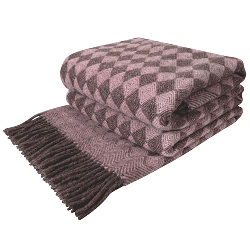 LYHome Manta Lana 100% - Plaid de Lana de Oveja para Sofa Cama, Colcha Cubre Decorativa, Mantas Sofas, Blanket Invierno Verano Grande para Viaje (140 x 200 cm | Marrón con Rosa Pálido Rombos Nórdico)