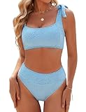 Blooming Jelly Womens High Waisted Bikini Set Tie Strap Jacquard Terry Cloth 2 Piece Swimsuit 2025 Modest Cute Retro Vintage Bathing Suit (Medium, Sky Blue)