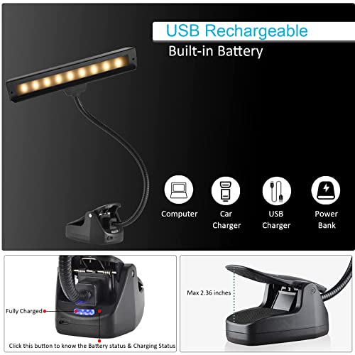Rechargeable Music Stand Light, 19 Leds Clip On Reading Light - 3 Level Brightness Settings, 3 Color Temperature Optional (Warm/Cool White/Natural Light Color), Perfect For Piano, Reading, Sewing #TOP3