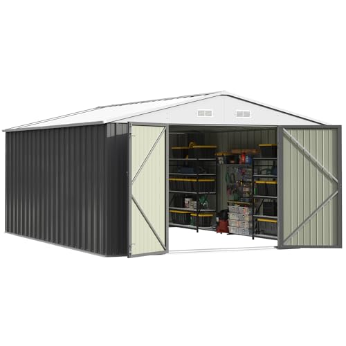 Image of Patiowell 10x14 FT Outdoor Storage Shed, Large Metal Garden Shed with Lockable Door and Sloping Roof, Outside Steel Utility Tool Sheds for Backyard Lawn Garden Patio, Grey