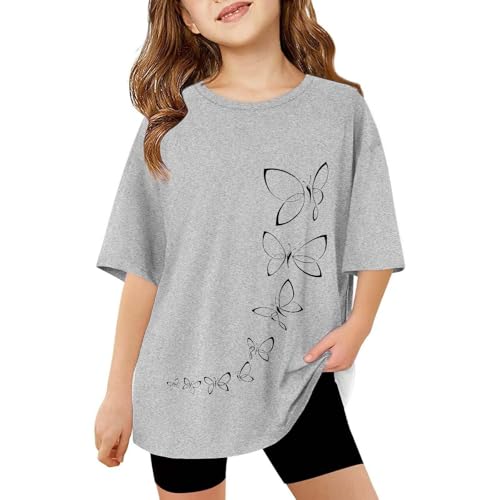Image of Little Girls Oversized Tshirt Cute Graphic Tees Teens Crew Neck Summer Short Sleeve Loose Fit Tops Kids Aesthetic Clothing Hoodies Kids (Grey, 13-14 Years)