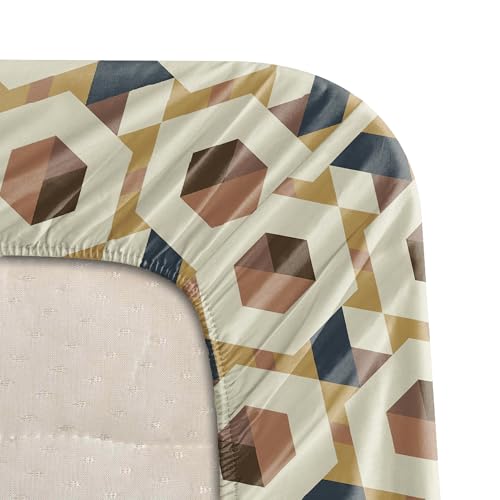 Image of BLISSHOME SoftTouch 150TC Cotton King Size Fitted Bedsheet with 2 Pillow Covers, Silky Smooth Bedding Set, Breathable, Easy Maintain, Geometric Pattern - Beige (183cm x 198cm + 25cm Drop)