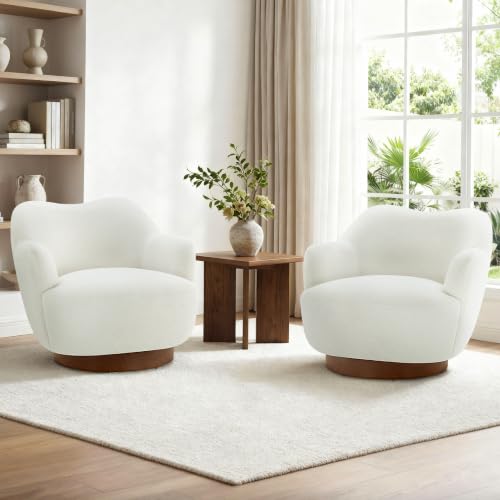 Image of KISLOT, Swivel Accent Chair, Arm Chair with Wooden Base, Cream White