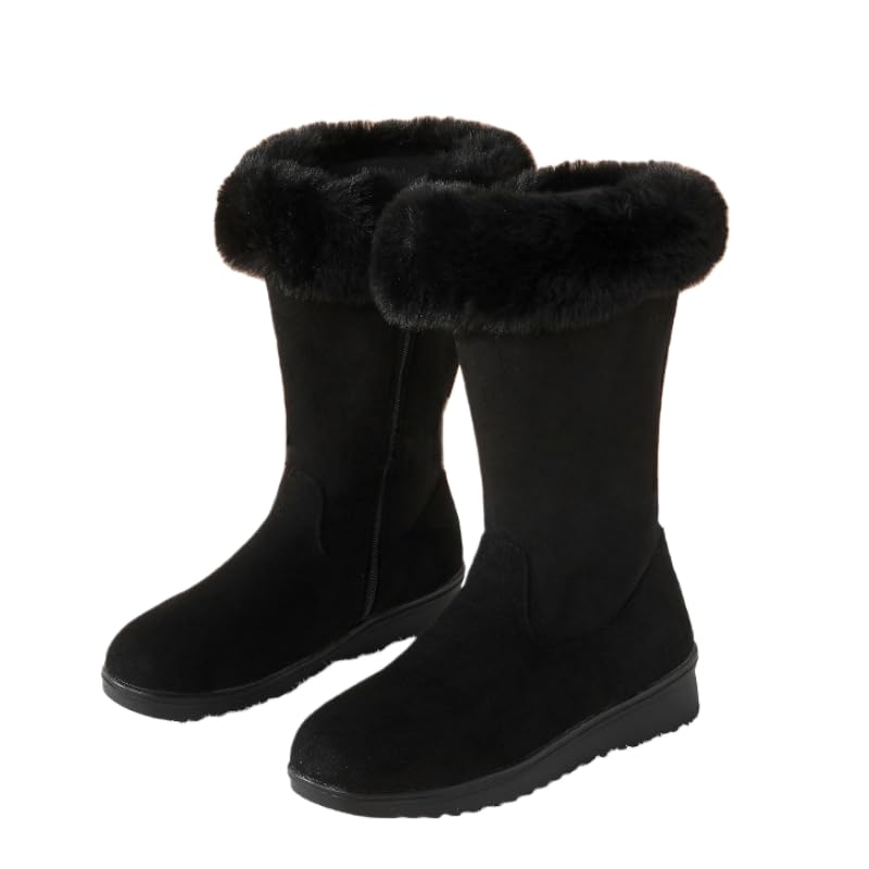 Womens Fur Lined Winter Snow Boots Mid-calf Boots Fashion Boot Faux Suede Boots for Women The Side Zipper