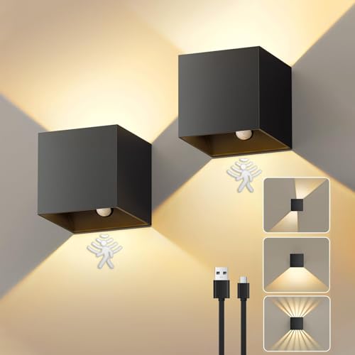 NIBSHOOM 2 Stück Akku Wandleuchte Innen Mit Bewegungsmelder,Wandlampe Akku Einstellbar Strahlform,3000K LED Wandleuchte USB Aufladbar,Kabellos Dimmbar Schwarz Aluminium für Schlafzimmer Wohnzimmer