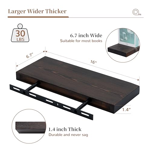 Image of Marsmiles Wood Floating Shelves | Rustic Dark Wood Wall Shelves Set of 2 | 16 inch W x 6.7 inch D Wooden Floating Shelves for Bathroom Kitchen Living Room Bedroom