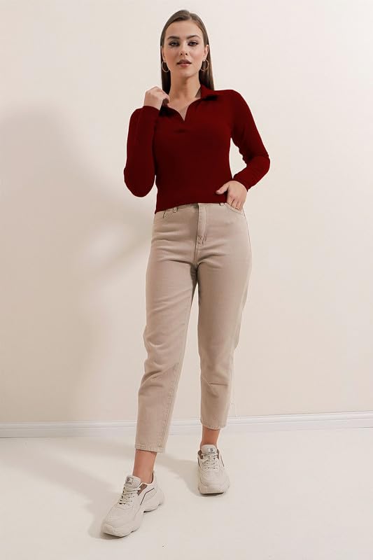 Image of Dream Beauty Fashion Women's Collared Neck Long Sleeve Slim Fit Casual Tee Top, 23 inch inches (Apple-01-P)