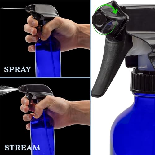 Cornucopia Brands 8-Ounce Cobalt Blue Glass Boston Round Spray Bottles (2 Pack) 3-Setting Heavy Duty Sprayers, Empty Refillable Bottle4