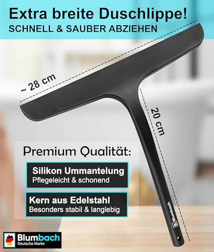 BLUMBACH® Duschabzieher schwarz, Abzieher Dusche mit Halterung 28 cm breit, Fensterabzieher Silikon Abzieher mit Edelstahl Kern, Duschwand Abzieher, Flitsche Dusche, Glasabzieher