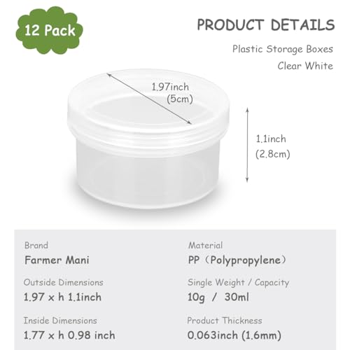 Image of 12 Pack 1.01 oz Round Plastic Containers (1.97 x H1.1 inch), Round Transparent Plastic Bead Jar with Lids for Beads, Coins, Safety Pins and Other Craft Jewelry