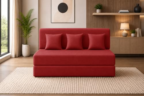 Image of Sofa Cum Bed with Jute Fabric, Convertible Three Seater Sofa Bed 5x6 Ft, Comfortable Cushioned Seating, Space Saving Design for Living Room, Bedroom & Guest Room - Red Color