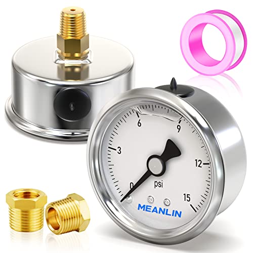 MEANLIN MEASURE 0~15Psi Stainless Steel 1/4" NPT 2.5" Single Scale FACE DIAL,Glycerin Filled Pressure Gauge, WOG Water Oil Air Back Mount, with 1/2" NPT and 3/8" NPT Hex Bushing