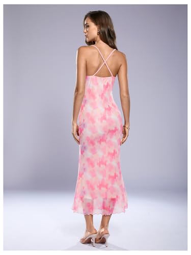 Image of SOLY HUX Women's Floral Mesh Bodycon Cami Dress Cowl Neck Sleeveless Cocktail Party Wedding Guest Long Maxi Dresses