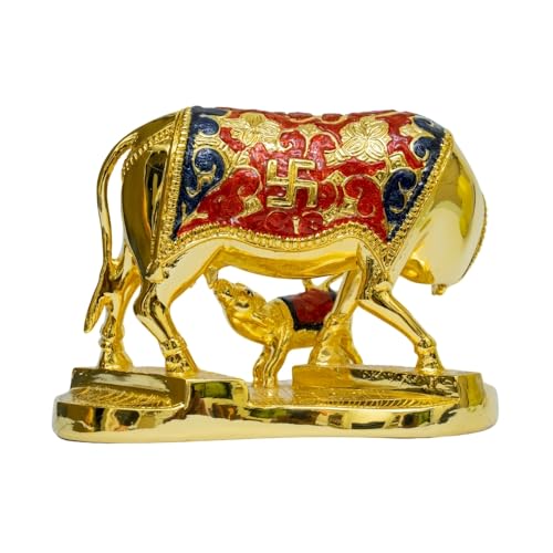 Image of Gold Meenakari Kamadhenu Cow with Calf Idol | Handcrafted Traditional Gold-Plated Holy Cow & Calf Statue | Vastu & Pooja Room Decor | Meenakari Gold Cow Idol | Size 21.5cm x 15cm x 11.5cm