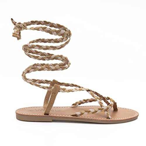 Sandalup Women Braided Tie Up Sandals Brown-Pink-Green 08 #TOP3