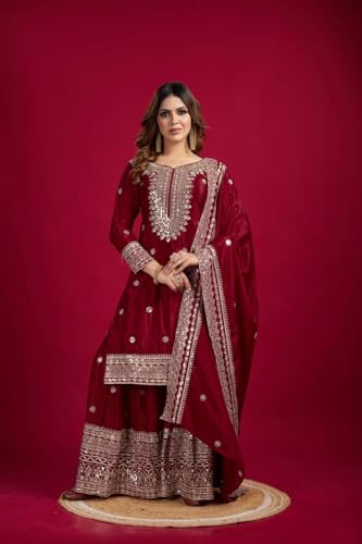 Image of Women's Heavy Embroiderd Work Purple Color Weding Wear Straight Kurta Sharara Set for Women with Dupatta